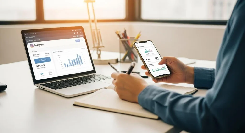 Small business owner checking Instagram analytics on a smartphone


